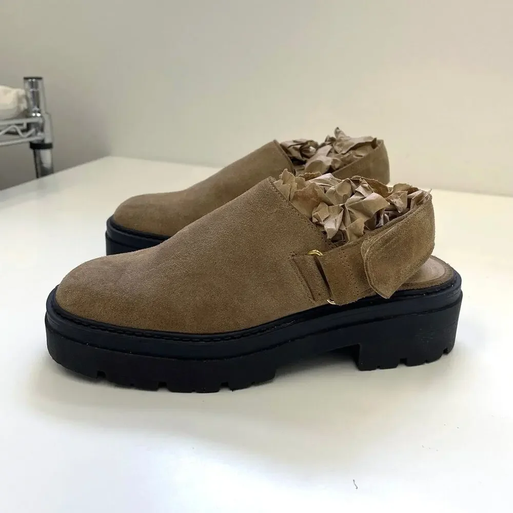 Free People Milo Menswear Slingback Chunky Lug Sole Suede Mules Taupe - 37/US7